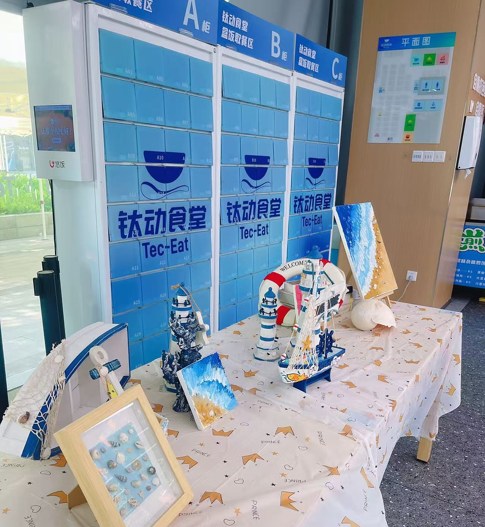 海洋主题手工展台：船模、灯塔、贝壳画与海星标本
